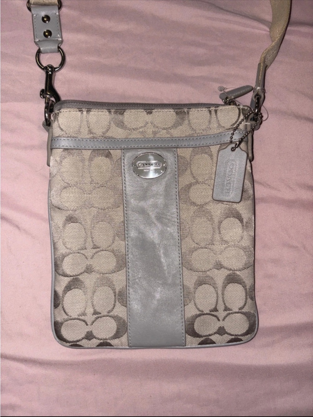 Coach Signature Crossbody in Light Gray and Beige